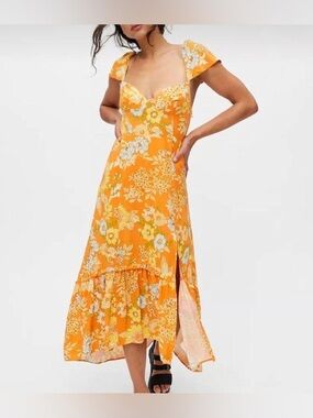 Urban Outfitters Orange Floral High-Low Midi Dress